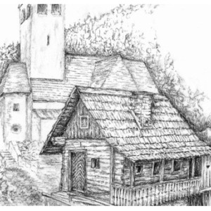 Historische Ansicht der Pfarrkirche Graden (Bleistiftzeichung von Norbert Zernig)